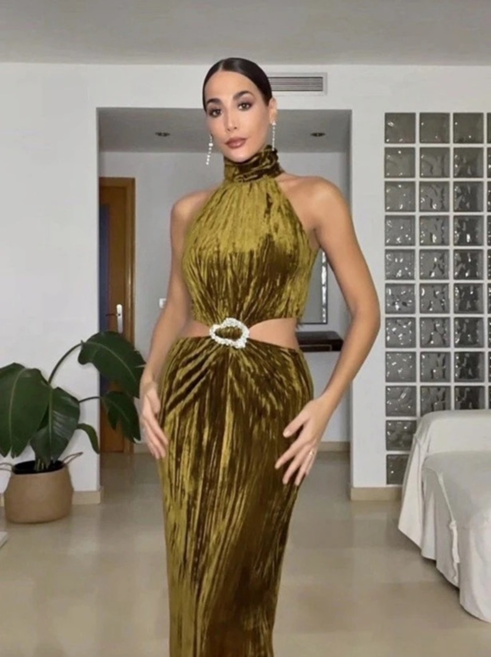 Zara Olive Green Velvet Halter Maxi Dress